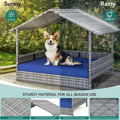 YITAHOME Large Wicker Dog House with Cushion Outdoor Indoor Rattan Doghouse Elevated Raised Dog Bed with Canopy Water Resistant Dog Cot for Small, Medium, and Large Dogs, Gray & Blue