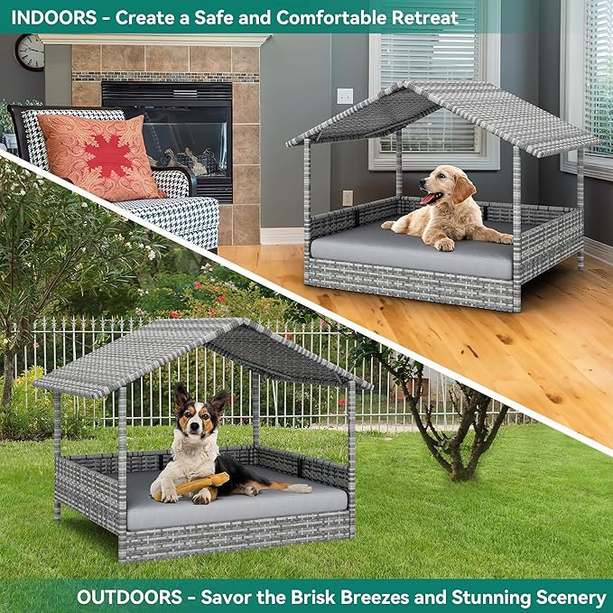 YITAHOME Large Wicker Dog House with Cushion Outdoor Indoor Rattan Doghouse Elevated Raised Dog Bed with Canopy Water Resistant Dog Cot for Small, Medium, and Large Dogs, Gray