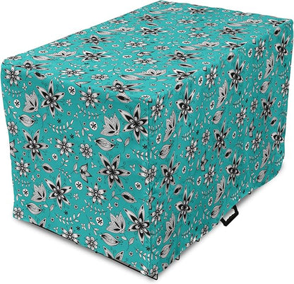 Lunarable Flower Dog Crate Cover, Abstract Monochrome Floral with Botanical Items, Easy to Use Pet Kennel Cover for Small Dogs Puppies Kittens, 18 Inch, Seafoam Grey