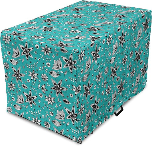Lunarable Flower Dog Crate Cover, Abstract Monochrome Floral with Botanical Items, Easy to Use Pet Kennel Cover for Small Dogs Puppies Kittens, 18 Inch, Seafoam Grey