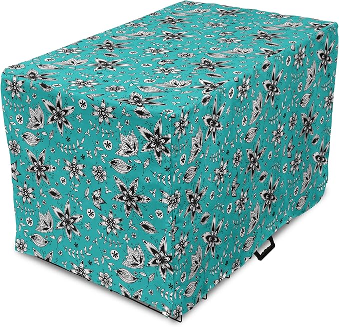 Lunarable Flower Dog Crate Cover, Abstract Monochrome Floral with Botanical Items, Easy to Use Pet Kennel Cover for Cats & Medium Dogs, 30 Inch, Seafoam Grey