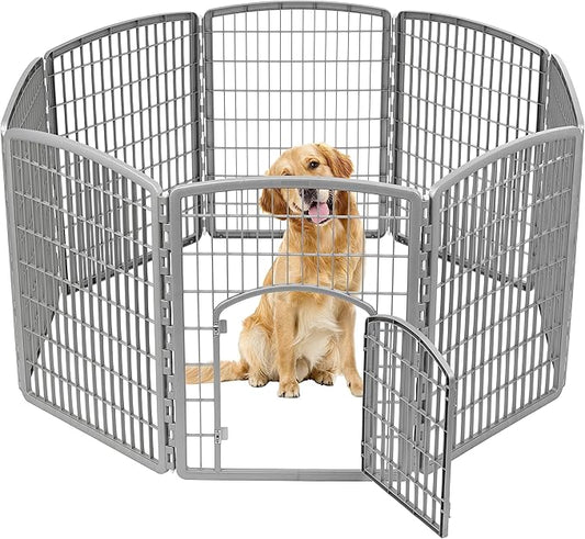 IRIS USA Dog Playpen, 8-Panel 34" Pet Playpen with Door, Puppy Playpen, Indoor/Outdoor Dog Pen, 63 x 63 x 34, Foldable, Customizable, Chrome