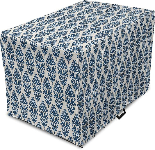 Lunarable Contemporary Blue Dog Crate Cover, Abstract Coral Inspired Motifs with Dots Around, Easy to Use Pet Kennel Cover for Small Dogs Puppies Kittens, 18 Inch, Pale Eggshell Night Blue