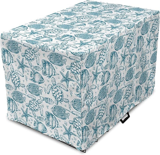 Lunarable Under The Sea Dog Crate Cover, Hand Drawn Sketch Art Style Fauna of The Sea Turtle Starfish and Fishes, Easy to Use Pet Kennel Cover for Cats & Medium Dogs, 24 Inch, Blue White