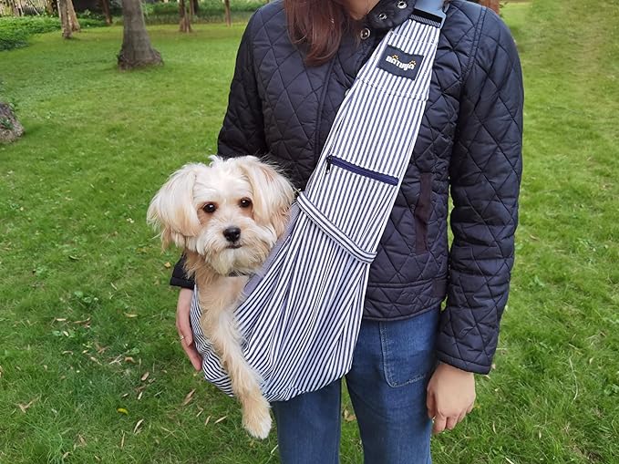 NATUYA Pet Dog Sling Carrier - Dog Sling with Net Bag for Carrier Dogs Cats-Hands Free Pet Bag-Buckle net Pocket pet Bag (Blue Strips)