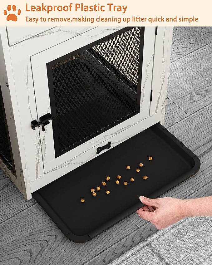 Piskyet Dog Crate Furniture,Wooden Dog Crate End Table with Storage Drawer&Cushion&Tray, QC3.0 Wireless Charging,Dual USB,Small Dogs Marble White