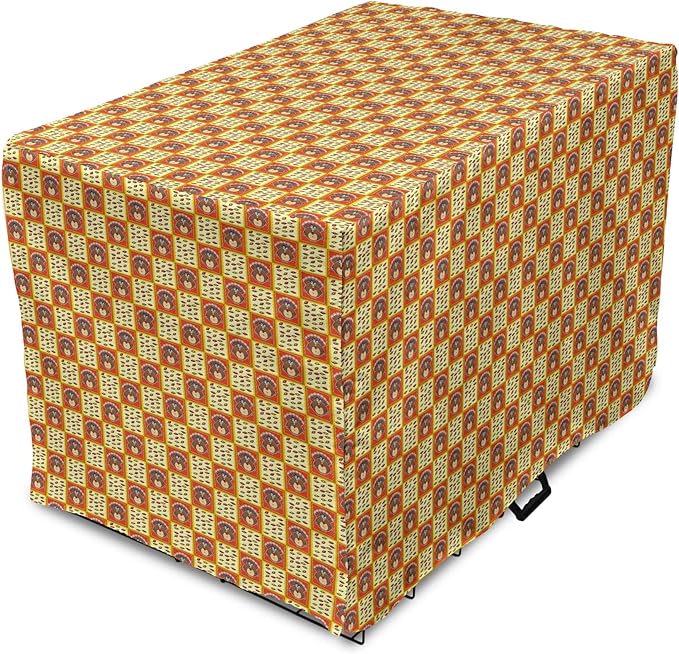 Lunarable Thanksgiving Dog Crate Cover, Checkered Pattern with Funny Cartoon Gobbler and Fallen Autumn Leaves, Easy to Use Pet Kennel Cover for Medium Large Dogs, 42 Inch, Red Yellow Brown