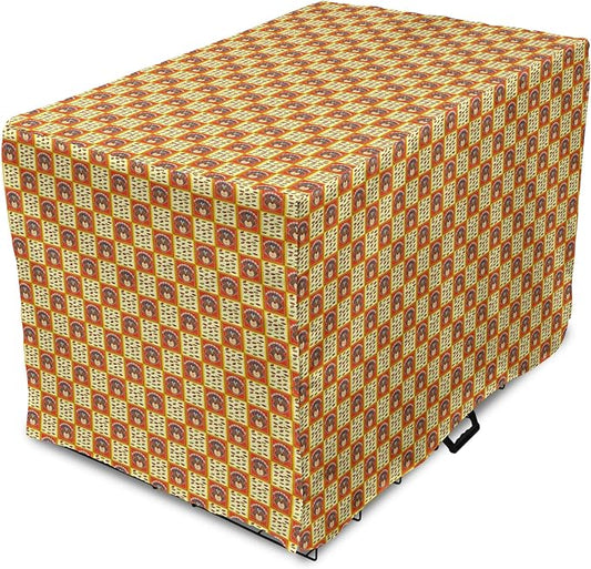 Lunarable Thanksgiving Dog Crate Cover, Checkered Pattern with Funny Cartoon Gobbler and Fallen Autumn Leaves, Easy to Use Pet Kennel Cover for Medium Large Dogs, 42 Inch, Red Yellow Brown