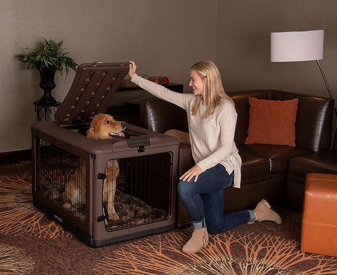 Pet Gear “The Other Door” 4 Door Steel Crate for Dogs/Cats with Garage-Style Door, Includes Plush Bed + Travel Bag, No Tools Required, Espresso