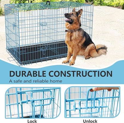 FDW Extra Large Dog Crate Dog Kennel Cage with Double Door,48 inch Folding Metal Wire Dog Cage with Removable Tray&Divider Panel,Pet Crate for Large Dogs,Blue