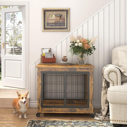 NicBex Dog Crate Furniture Dog Cage with 3 Doors and Lift Top, Dog Kennels for Inside Space, Wooden Dog Crate on Wheels with Durable Frame for Multiple Dogs, Rustic Brown