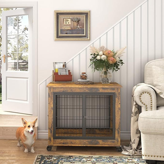 NicBex Dog Crate Furniture Dog Cage with 3 Doors and Lift Top, Dog Kennels for Inside Space, Wooden Dog Crate on Wheels with Durable Frame for Multiple Dogs, Rustic Brown