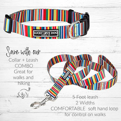 Lucky Love Dog Combo Set, Rainbow Big Dog Collar & Leash Set for Large Dogs, Colorful Matching Collar and Leash Set for Girl or Boy Dogs, Rainbow Stripes, Hippie Combo, Large