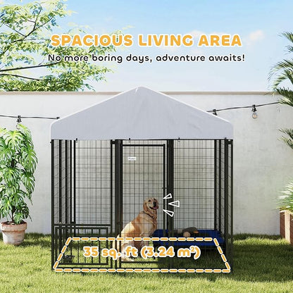 PawHut 5.9' x 5.9' x 6' Outdoor Dog Kennel, Welded Wire Heavy Duty Dog Run with 360° Rotating & 4 Level Adjustable Bowls, Dog Kennel Outside with Waterproof & UV Resistant Cover, for Large Dogs