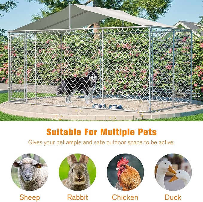 Large Outdoor Dog Kennel, Heavy Duty Galvanized Steel Dog Enclosure, Chicken Coop w/Waterproof UV-Resistant Cover, Lockable Door Chain Link for Small & Large Pets, Backyard-157.2" L x 91.2" W x 90" H