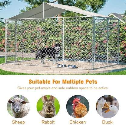 Large Outdoor Dog Kennel, Heavy Duty Galvanized Steel Dog Enclosure, Chicken Coop w/Waterproof UV-Resistant Cover, Lockable Door Chain Link for Small & Large Pets, Backyard-157.2" L x 91.2" W x 90" H