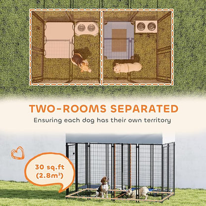 PawHut Outdoor Dog Kennel with 2 Rooms, 8' x 4' x 6' Heavy Duty Welded Wire Dog Playpen Enclosure with Escape-Proof Lock, UV-Resistant & Waterproof Cover, for Large Dogs, Silver