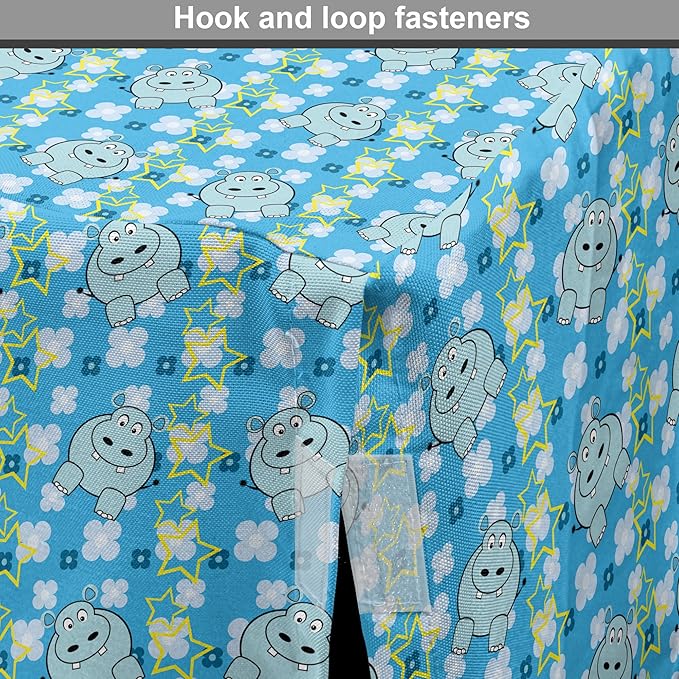 Lunarable Yellow and Blue Dog Crate Cover, Funny Cartoon Hippopotamus with Stars and Daisy Flowers, Easy to Use Pet Kennel Cover for Cats & Medium Dogs, 24 Inch, Pale Blue White Yellow