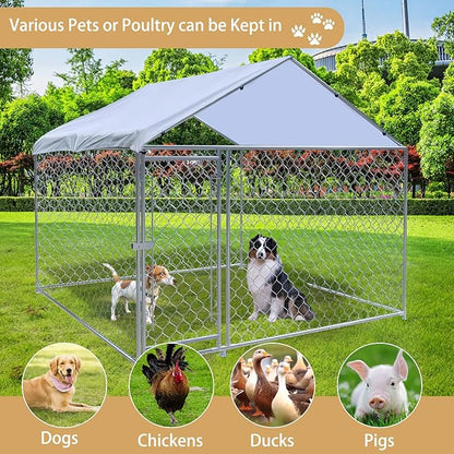 Large Outdoor Dog Kennel, 6.6 × 6.6 × 5FT Heavy Duty Dog Cage with Roof and Secure Locks, Spacious Dog Crate Fence for Dogs, Chicken Outside