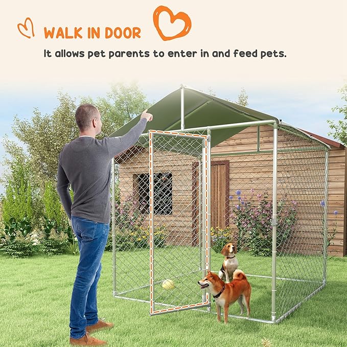 PawHut Large Dog Kennel Outside, Heavy Duty Dog Cage with Waterproof Cover, Outdoor Fence Dog Run with Galvanized Chain Link, Secure Lock, 6.6' x 6.6' x 7.8'