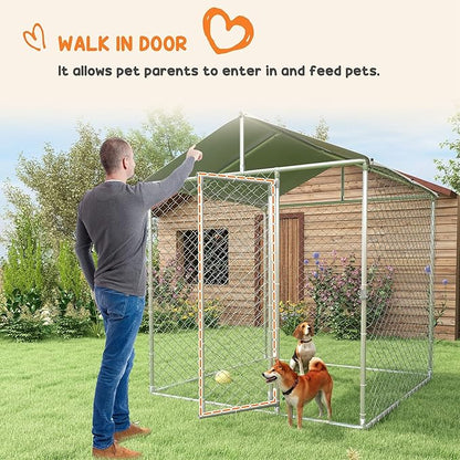 PawHut Large Dog Kennel Outside, Heavy Duty Dog Cage with Waterproof Cover, Outdoor Fence Dog Run with Galvanized Chain Link, Secure Lock, 6.6' x 6.6' x 7.8'