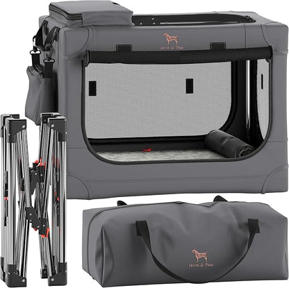 Noah & Paw Collapsible Dog Crate 26 Inch, Small Dog Crate for Small Medium Breeds, Travel Kennel for Car, Including Pet Mat for Pet Cage, 2 Storage Pockets, Handbag, 10mm Locking Zipper 26 * 17 * 17