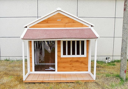 Indoor-Outdoor Wooden Dog House, Porch, Asphalt Roof, Plastic Door Curtain, Ventilation Windows, Brown, Weatherproof, Small to Medium Dog, Puppy Kennel