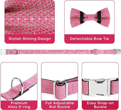 Dog Collar with Bow for Small Medium Large Dogs, Cute Bling Dog Bow Tie Collar with Metal Buckle, Soft & Durable for Large Dogs Walking (Dark Pink, L)
