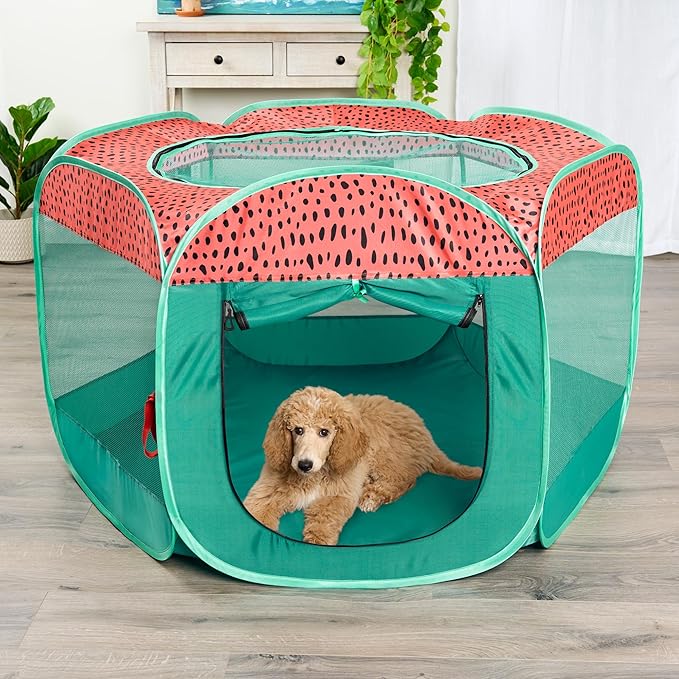Furhaven Portable Dog Playpen Cat Tent, Pet Playground/Kennel Foldable Indoor Outdoor Zippered Puppy Crate - Green & Pink, Extra Large