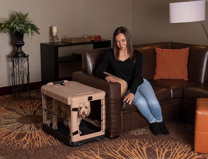 Pet Gear “The Other Door” 4 Door Steel Crate for Dogs/Cats with Garage-Style Door, Includes Plush Bed + Travel Bag, No Tools Required, Beige