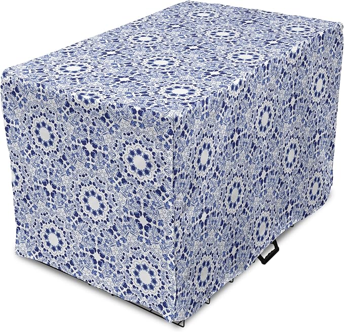 Lunarable Traditional Dog Crate Cover, Circular Flowers and Stripes Ethnic Gzhel Pattern Classic Motifs Art, Easy to Use Pet Kennel Cover for Medium Large Dogs, 36 Inch, Pale Blue