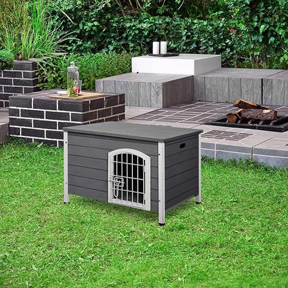 PawHut 31" L Wooden Decorative Dog Cage Kennel Wire Door with Lock Small Animal House with Openable Top Removable Bottom Grey