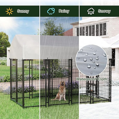 Greesum Large Outdoor Dog Kennel, Heavy Duty Welded Wire Steel Dog Playpen Fence with Secure Lock/UV-Resistant Waterproof Roof Cover/Rotaing Feeder Bowls, for Small/Medium/Large Dogs, XL
