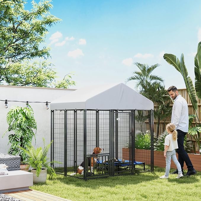 PawHut 5.9' x 4' x 6' Outdoor Dog Kennel, Welded Wire Heavy Duty Dog Run with 360° Rotating & 4 Level Adjustable Bowls, Dog Kennel Outside with Waterproof & UV Resistant Cover, for S&M Dogs