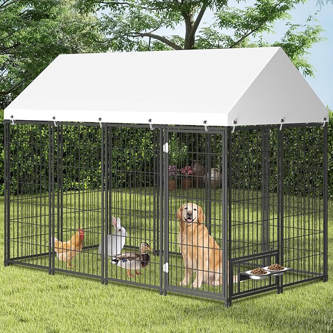 Large Dog Kennel Outside - 7.9 x 4.1 x 5.9 ft Dog Outdoor Kennel with Roof, Outside Dog kennels with Rotating Feeding Bowls, Big Dog Kennel for Dogs