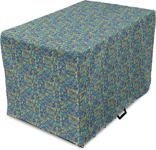 Lunarable Yellow and Blue Dog Crate Cover, Circles Squares and Triangles Mosaic Pattern with Dots Vibrant, Easy to Use Pet Kennel Cover for Small Dogs Puppies Kittens, 22 Inch, Purple Sky Blue Yellow