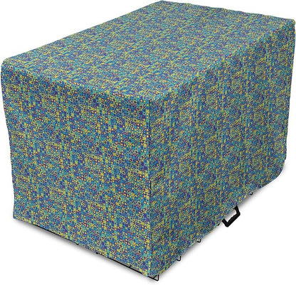 Lunarable Yellow and Blue Dog Crate Cover, Circles Squares and Triangles Mosaic Pattern with Dots Vibrant, Easy to Use Pet Kennel Cover for Medium Large Dogs, 42 Inch, Purple Sky Blue Yellow