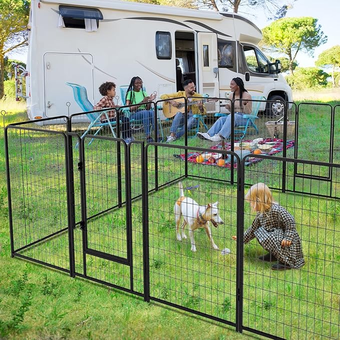 Dog Playpen Outdoor Extra Wide 16 Panels Heavy Duty Dog Fence 50" Height Anti-Rust with Doors Portable for RV Camping Yard, Total 42FT, 140 Sq.ft, Snowy Black