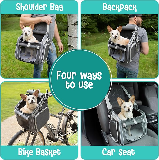 Dog Bike Basket, Mesh Windows, 2 Safety Leashes, Soft Sided, Safe Comfortable Pet Carrier for Small Dogs, Cats (Grey)