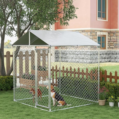 PawHut Large Dog Kennel Outside, Heavy Duty Dog Cage with Waterproof Cover, Outdoor Fence Dog Run with Galvanized Chain Link, Secure Lock, 6.6' x 6.6' x 7.8'