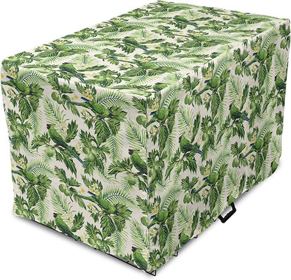 Lunarable Green Dog Crate Cover, Exotic Tropic Pattern with Palm Leaves Breadfruits Plumeria Flowers and Parrots, Easy to Use Pet Kennel Cover for Medium Large Dogs, 48 Inch, Lime Green Cream