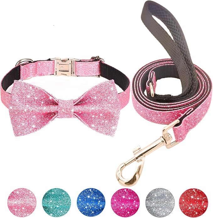 Bling Bow Tie Dog Collar and Leash Set, Cute Pink Girl Dog Collar with 5ft Leash for Small Medium Dogs Daily Walking or Holiday Party (Neck fit 13-19’’)