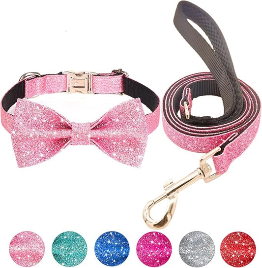 Bling Bow Tie Dog Collar and Leash Set, Cute Pink Girl Dog Collar with 5ft Leash for Small Medium Dogs Daily Walking or Holiday Party (Neck fit 13-19’’)