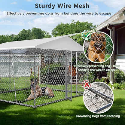 Upgraded 10×10×7FT Outdoor Dog Kennel with Roof, Large Dog House Pen Enclosure with Sidebar, Heavy Duty Chain Link Kennel with Lock for Outside Backyard
