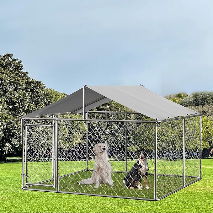 Large Outdoor Dog Cage with UV and Waterproof Cover,Metal Galvanized Rustproof Outdoor Puppy Fence,W/Security Door,Heavy Duty Kennel for Farm & Garden,Silver 9.8'Lx9.8'Wx4.4'H