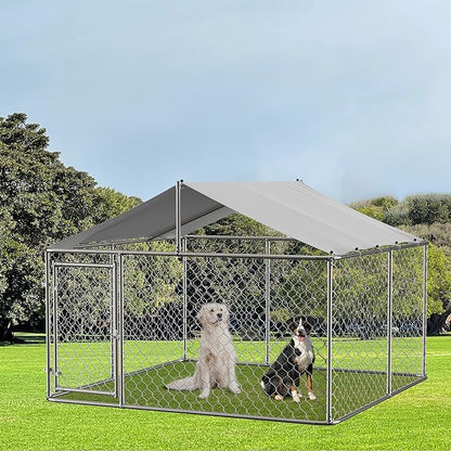 Large Outdoor Dog Cage with UV and Waterproof Cover,Metal Galvanized Rustproof Outdoor Puppy Fence,W/Security Door,Heavy Duty Kennel for Farm & Garden,Silver 9.8'Lx9.8'Wx4.4'H