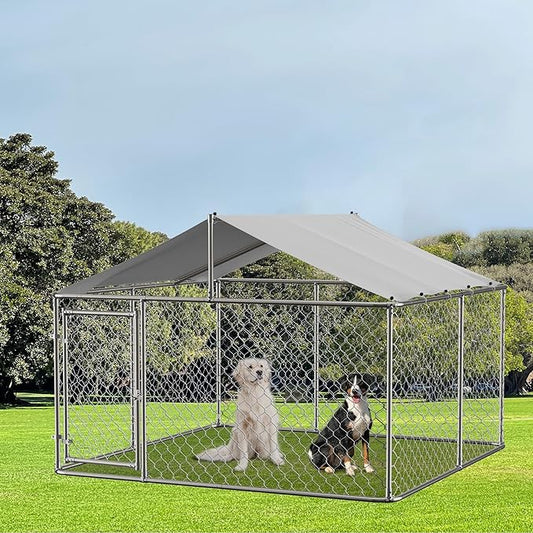 Large Outdoor Dog Cage with UV and Waterproof Cover,Metal Galvanized Rustproof Outdoor Puppy Fence,W/Security Door,Heavy Duty Kennel for Farm & Garden,Silver 9.8'Lx9.8'Wx4.4'H