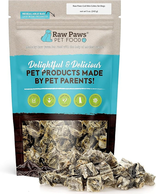 Raw Paws Cod Skin Cubes for Dogs, 5-oz – Cod Skins for Dogs - Fish Skins for Dogs - Fish Skin Chews for Dogs - Cod Skin Dog Treats - Cod Treats for Dogs - Crunchy Cod Treats for Dogs - Cod Dog Treats
