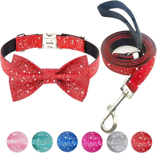 Bling Bow Tie Dog Collar and Leash Set, Red Christmas Dog Collar with Bow and 5ft Leash for Medium Dogs, Cute Walking Boy and Girl Dog Collar Set (Neck fit 13-19’’)