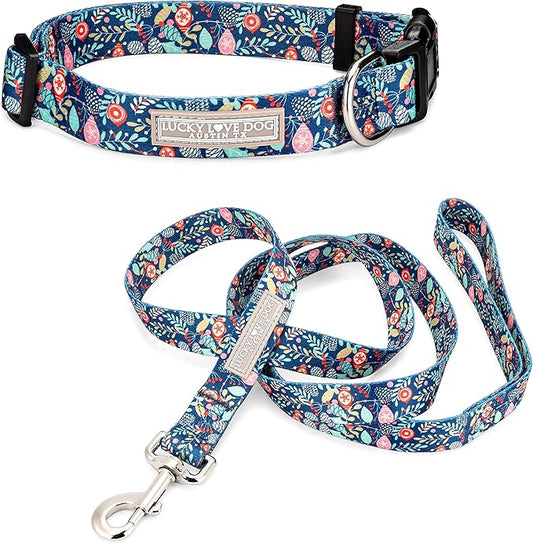 Lucky Love Dog, Blue Winter Pinecones Dog Collar and Leash Set, Vivid Winter Ornaments Dog Collar and Leash for Girl or Boy Dogs - (Extra Small, SweetHoliday Combo)